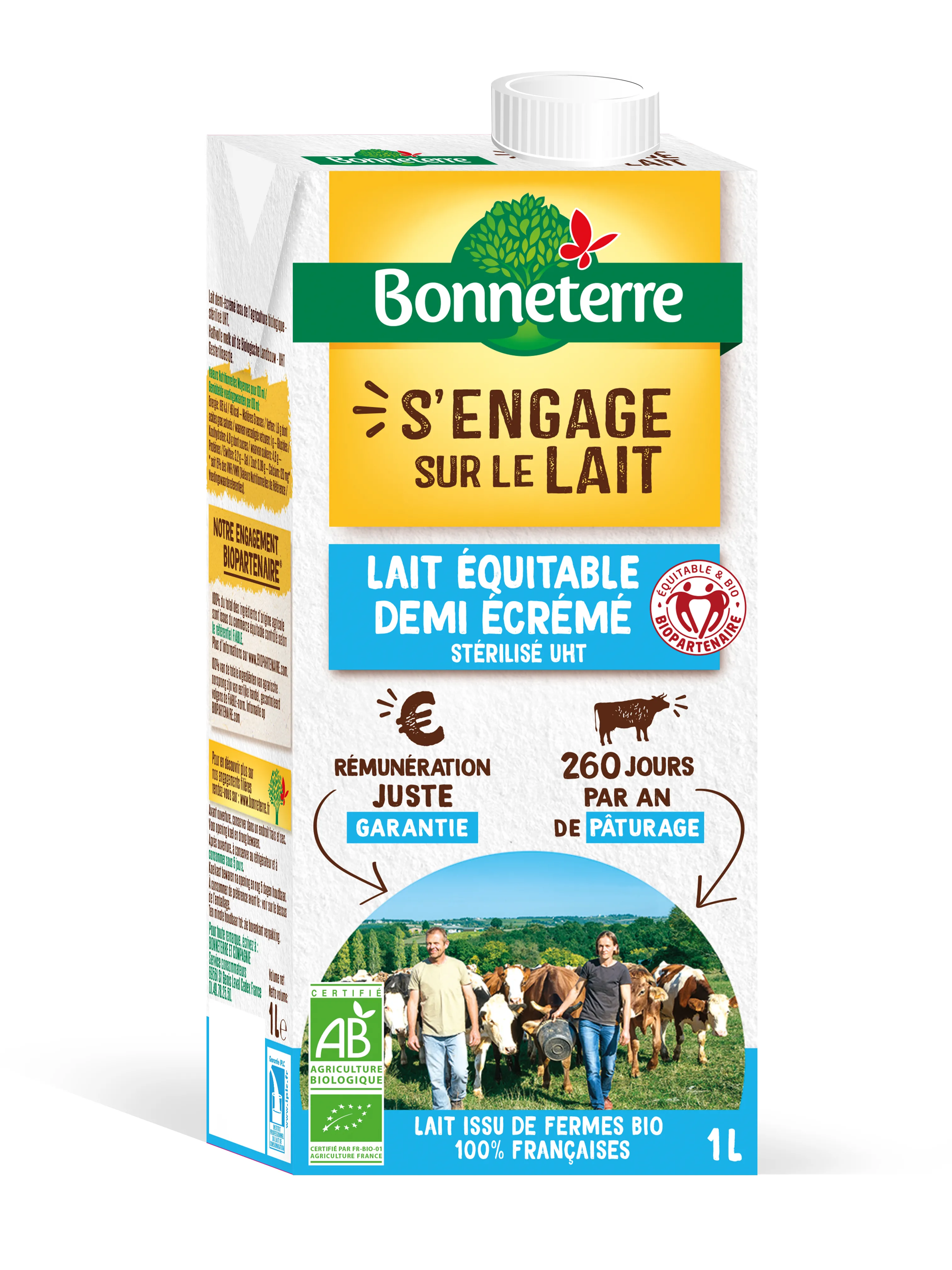LAIT UHT DEMI ECREME 1 L <span style='color:red'>FILIÈRE France</span> BONNETERRE